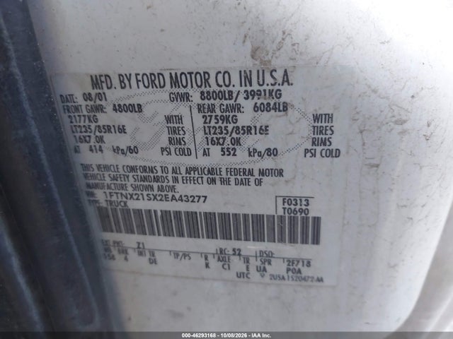 46293168 :رقم المزاد ، 1FTNX21SX2EA43277 vin ، 2002 Ford F-250 Lariat/xl/xlt مزاد بيع