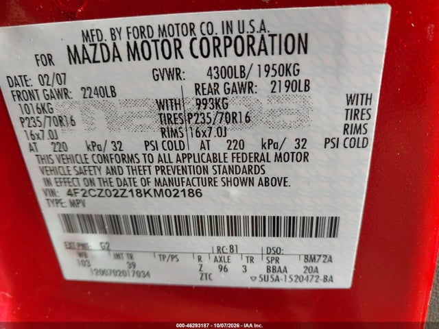 Продаж на аукціоні авто 2008 Mazda Tribute I Sport, vin: 4F2CZ02Z18KM02186, номер лоту: 46293187