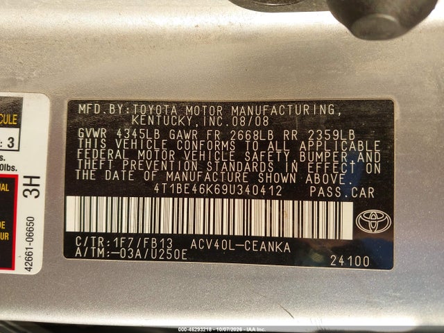 Aukcja sprzedaży 2009 Toyota Camry Le, vin: 4T1BE46K69U340412, numer aukcji: 46293218