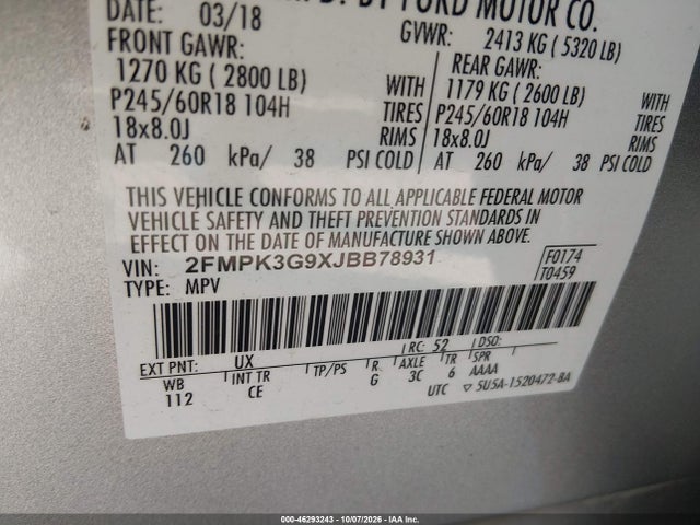 46293243 :رقم المزاد ، 2FMPK3G9XJBB78931 vin ، 2018 Ford Edge Se مزاد بيع