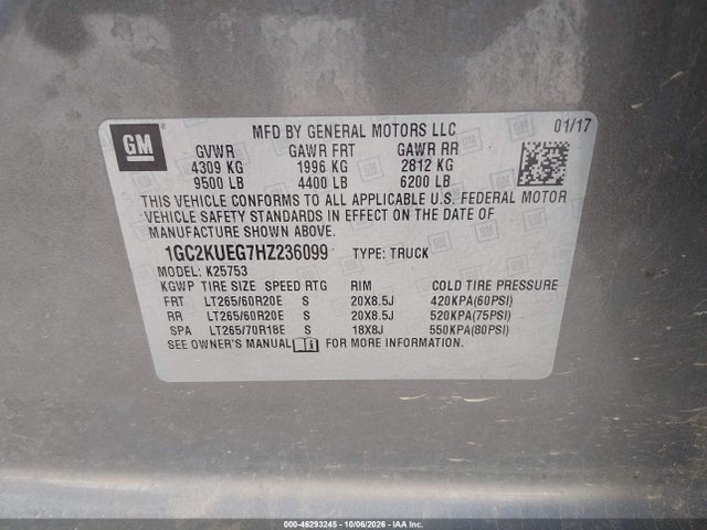 46293245 :رقم المزاد ، 1GC2KUEG7HZ236099 vin ، 2017 Chevrolet Silverado 2500hd Wt مزاد بيع