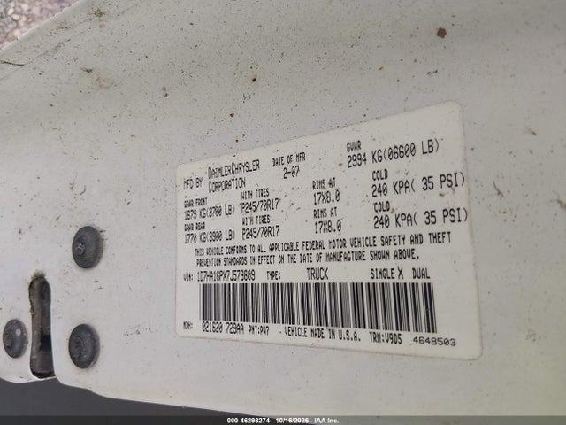 Продаж на аукціоні авто 2007 Dodge Ram 1500 Slt, vin: 1D7HA16PX7J579809, номер лоту: 46293274