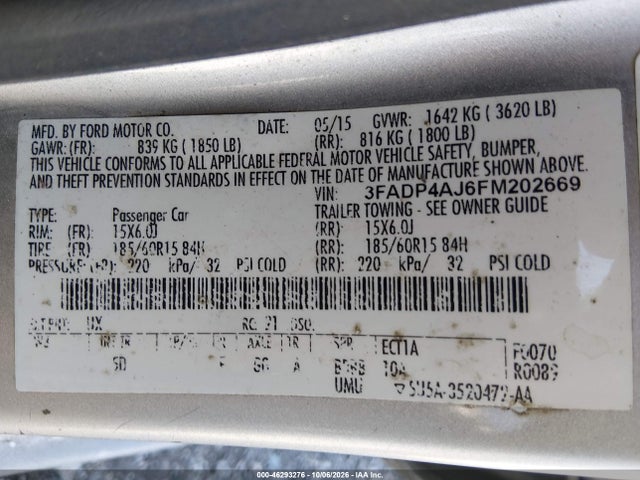 Продажа на аукционе авто 2015 Ford Fiesta S, vin: 3FADP4AJ6FM202669, номер лота: 46293276
