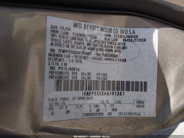 Продаж на аукціоні авто 2004 Ford Taurus Ses, vin: 1FAFP55SX4A191381, номер лоту: 46293277