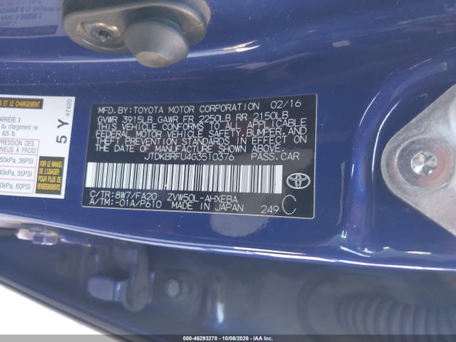 Продаж на аукціоні авто 2016 Toyota Prius Two, vin: JTDKBRFU4G3510376, номер лоту: 46293278