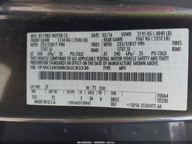 Auction sale of the 2016 Ford Escape Se, vin: 1FMCU9G98GUC83336, lot number: 46293282