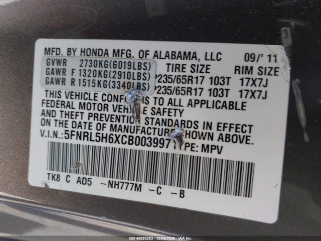 Продаж на аукціоні авто 2012 Honda Odyssey Ex-l, vin: 5FNRL5H6XCB003997, номер лоту: 46293283