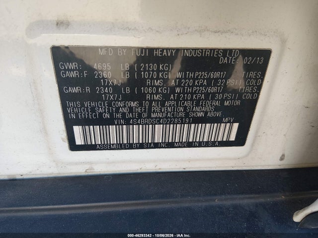 46293342 :رقم المزاد ، 4S4BRDSC4D2285191 vin ، 2013 Subaru Outback 3.6r Limited مزاد بيع