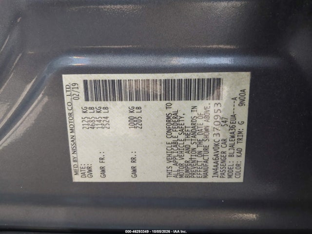 46293349 :رقم المزاد ، 1N4AA6AV0KC370953 vin ، 2019 Nissan Maxima 3.5 Sl مزاد بيع