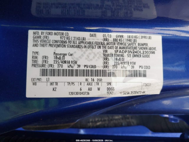 2013 Ford Focus Titanium მანქანა იყიდება აუქციონზე, vin: 1FADP3N24DL230398, აუქციონის ნომერი: 46293368