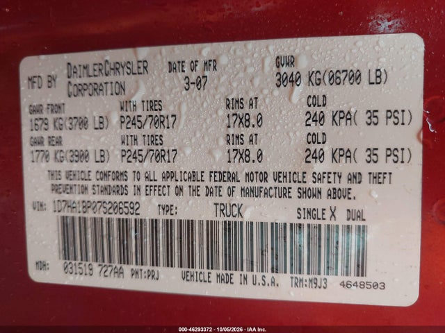 2007 Dodge Ram 1500 Slt მანქანა იყიდება აუქციონზე, vin: 1D7HA18P07S206592, აუქციონის ნომერი: 46293372