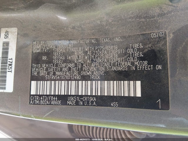 2007 Toyota Tundra Sr5 V8 მანქანა იყიდება აუქციონზე, vin: 5TFRV541X7X012490, აუქციონის ნომერი: 46293373