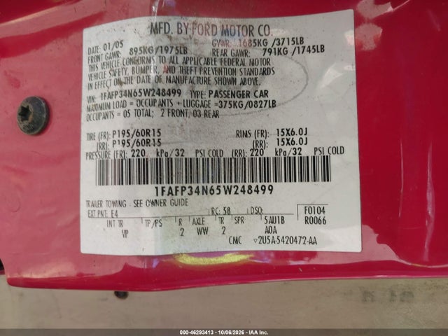 46293413 :رقم المزاد ، 1FAFP34N65W248499 vin ، 2005 Ford Focus Zx4 مزاد بيع