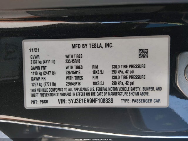5YJ3E1EA9NF108339 Tesla Model 3 Rear-wheel Drive