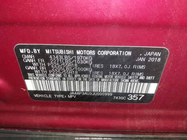 46293460 :رقم المزاد ، JA4AP3AU3JU000999 vin ، 2018 Mitsubishi Outlander Sport 2.0 Es مزاد بيع