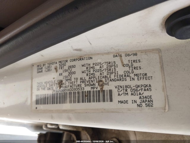 Aukcja sprzedaży 1999 Toyota 4runner Sr5 V6, vin: JT3GN86RXX0093533, numer aukcji: 46293484