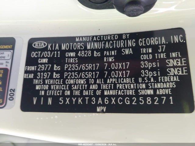 Aukcja sprzedaży 2012 Kia Sorento Lx, vin: 5XYKT3A6XCG258271, numer aukcji: 46293497