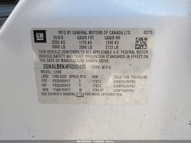 Aukcja sprzedaży 2015 Chevrolet Equinox 1lt, vin: 2GNALBEK4F6295435, numer aukcji: 46293508