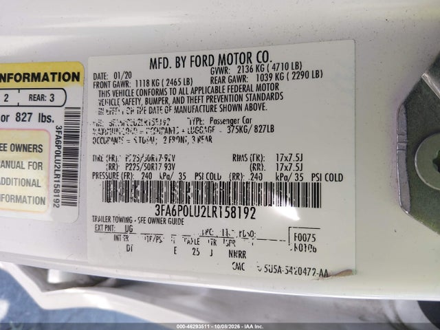 Продаж на аукціоні авто 2020 Ford Fusion Hybrid Se, vin: 3FA6P0LU2LR158192, номер лоту: 46293511