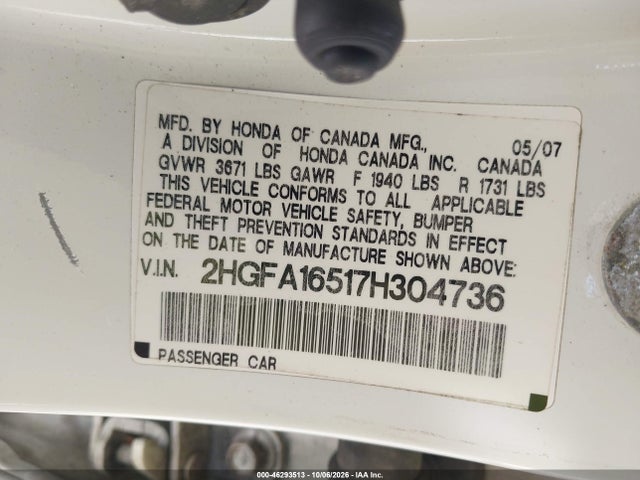 Aukcja sprzedaży 2007 Honda Civic Lx, vin: 2HGFA16517H304736, numer aukcji: 46293513