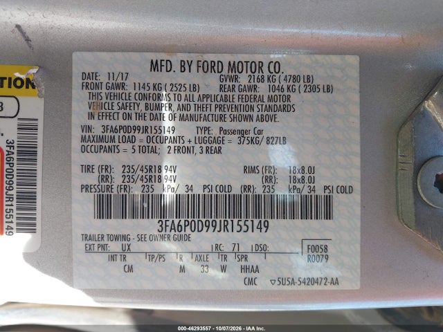 Aukcja sprzedaży 2018 Ford Fusion Titanium, vin: 3FA6P0D99JR155149, numer aukcji: 46293557