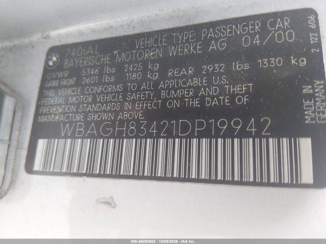 46293562 :رقم المزاد ، WBAGH83421DP19942 vin ، 2001 Bmw 740il مزاد بيع