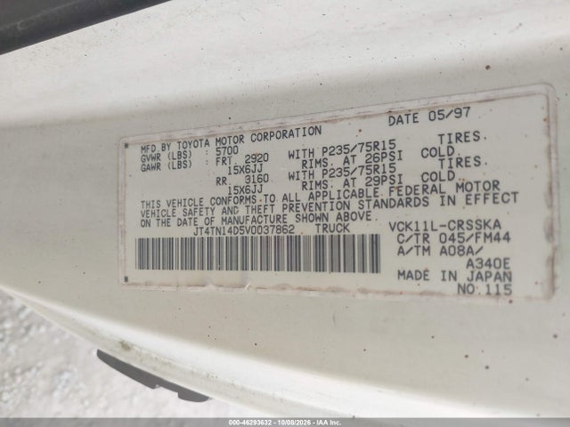 46293632 :رقم المزاد ، JT4TN14D5V0037862 vin ، 1997 Toyota T100 Sr5 V6 مزاد بيع