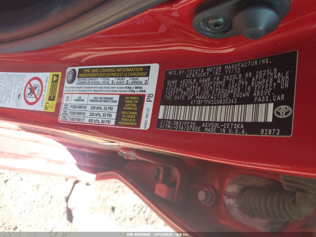 46293645 :رقم المزاد ، 4T1BF1FK5CU635343 vin ، 2012 Toyota Camry Se Limited Edition مزاد بيع