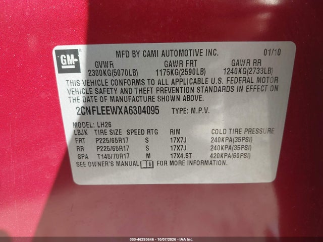 Aukcja sprzedaży 2010 Chevrolet Equinox Lt, vin: 2CNFLEEWXA6304095, numer aukcji: 46293646
