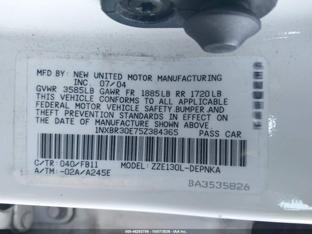 Aukcja sprzedaży 2005 Toyota Corolla Le, vin: 1NXBR30E75Z384365, numer aukcji: 46293706