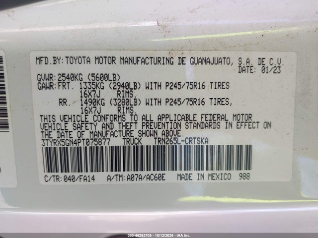 Aukcja sprzedaży 2023 Toyota Tacoma Sr, vin: 3TYRX5GN4PT075877, numer aukcji: 46293709