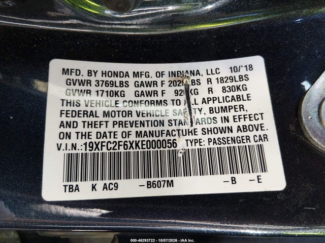 46293722 :رقم المزاد ، 19XFC2F6XKE000056 vin ، 2019 Honda Civic Lx مزاد بيع