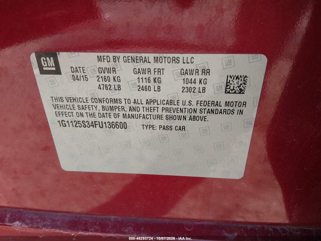 46293724 :رقم المزاد ، 1G1125S34FU136600 vin ، 2015 Chevrolet Impala 2lt مزاد بيع
