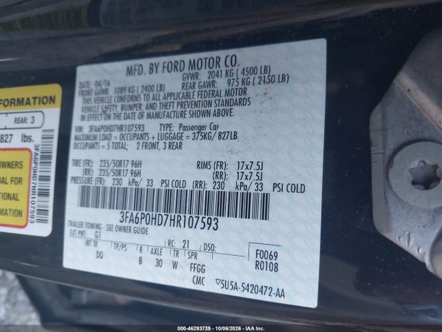 46293739 :رقم المزاد ، 3FA6P0HD7HR107593 vin ، 2017 Ford Fusion Se مزاد بيع