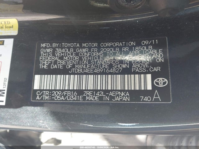 46293748 :رقم المزاد ، JTDBU4EE4B9164827 vin ، 2011 Toyota Corolla Le مزاد بيع