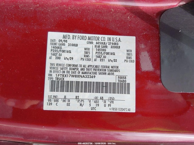 1999 Ford F-150 Lariat/work Series/xl/xlt მანქანა იყიდება აუქციონზე, vin: 1FTRX17W8XNA32369, აუქციონის ნომერი: 46293756
