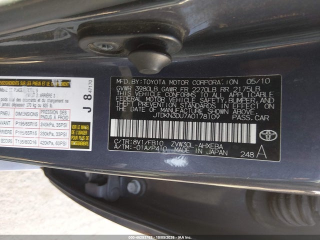Aukcja sprzedaży 2010 Toyota Prius Iii, vin: JTDKN3DU7A0178109, numer aukcji: 46293762