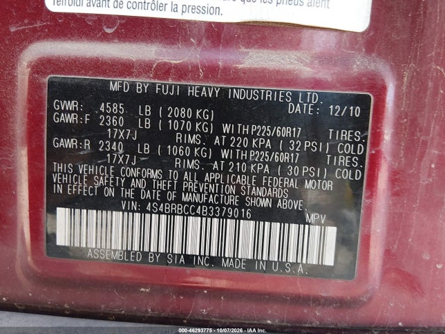 2011 Subaru Outback 2.5i Premium მანქანა იყიდება აუქციონზე, vin: 4S4BRBCC4B3379016, აუქციონის ნომერი: 46293775