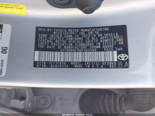 46293784 :رقم المزاد ، 5YFBURHE9GP565509 vin ، 2016 Toyota Corolla Le مزاد بيع