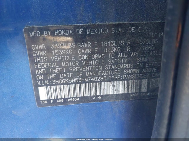 Aukcja sprzedaży 2015 Honda Fit Lx, vin: 3HGGK5H53FM748285, numer aukcji: 46293807