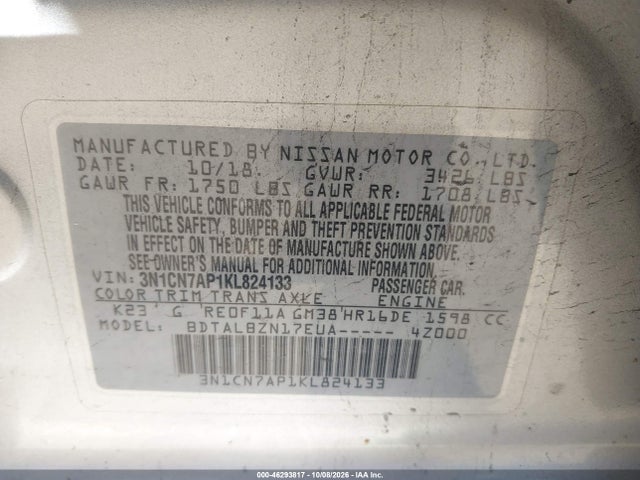 Aukcja sprzedaży 2019 Nissan Versa 1.6 Sv, vin: 3N1CN7AP1KL824133, numer aukcji: 46293817
