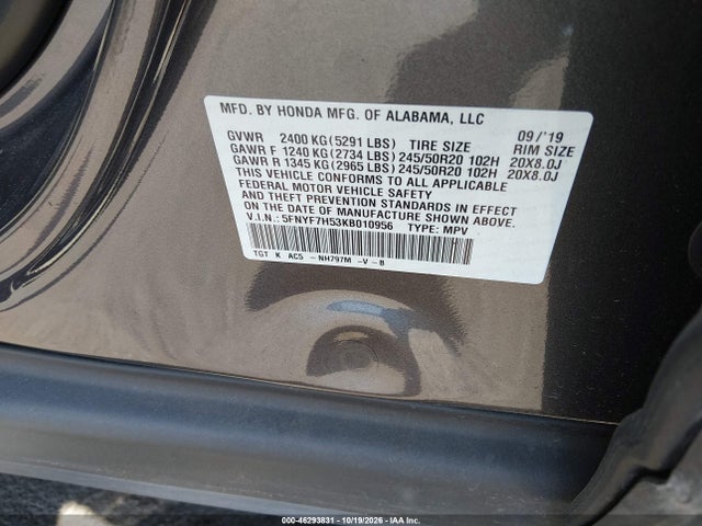 Продаж на аукціоні авто 2019 Honda Passport Ex-l, vin: 5FNYF7H53KB010956, номер лоту: 46293831
