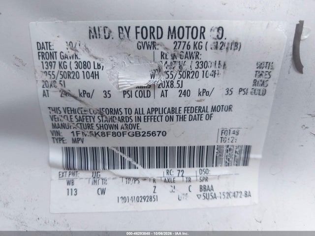 Продаж на аукціоні авто 2015 Ford Explorer Limited, vin: 1FM5K8F80FGB25670, номер лоту: 46293848