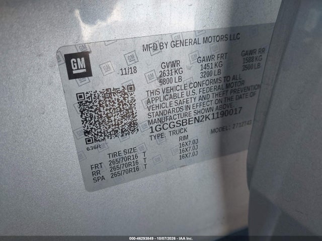 Aukcja sprzedaży 2019 Chevrolet Colorado Wt, vin: 1GCGSBEN2K1190017, numer aukcji: 46293849
