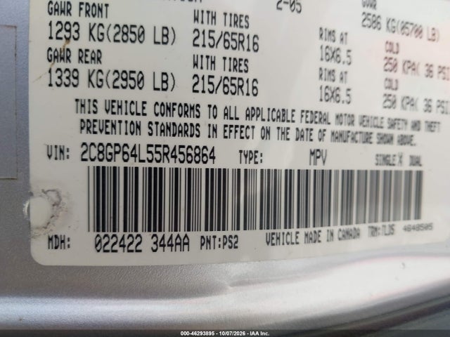 46293895 :رقم المزاد ، 2C8GP64L55R456864 vin ، 2005 Chrysler Town & Country Limited مزاد بيع