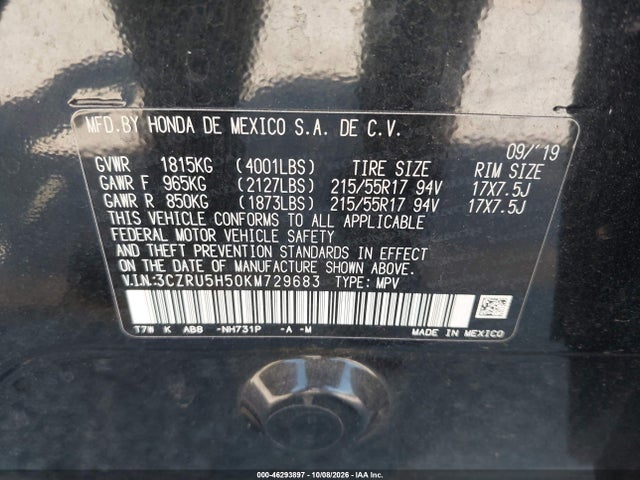 46293897 :رقم المزاد ، 3CZRU5H50KM729683 vin ، 2019 Honda Hr-v Ex مزاد بيع
