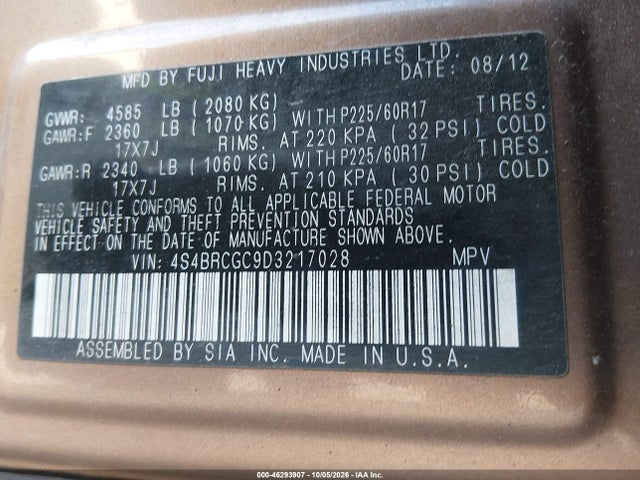 46293907 :رقم المزاد ، 4S4BRCGC9D3217028 vin ، 2013 Subaru Outback 2.5i Premium مزاد بيع