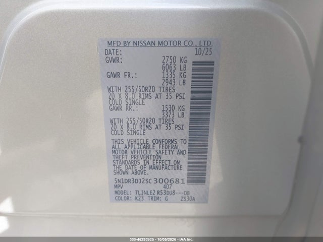 5N1DR3DJ2SC300681 Nissan Pathfinder Platinum 4wd