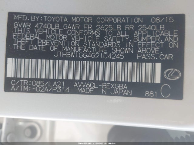 JTHBW1GG4G2104245 Lexus ES 300H