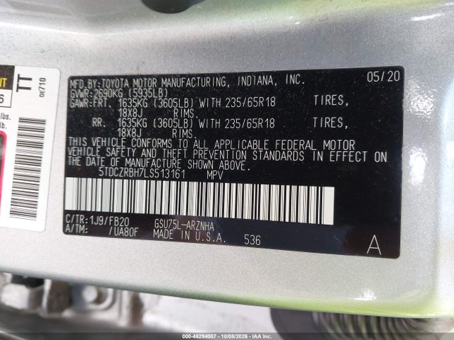 Продажа на аукционе авто 2020 Toyota Highlander L, vin: 5TDCZRBH7LS513161, номер лота: 46294007